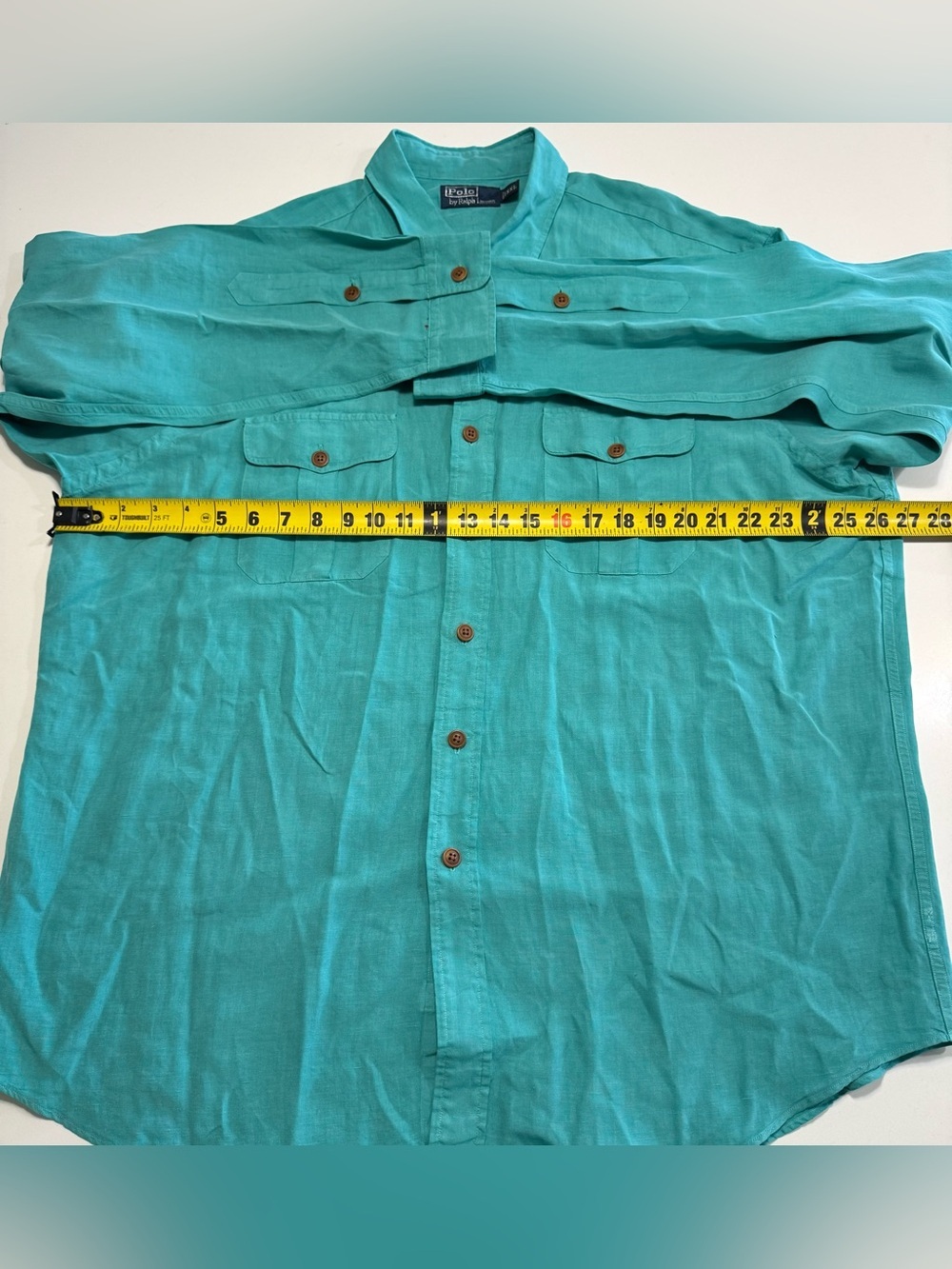 VTG Polo Ralph Lauren Linen Silk Safari Utility Button Shirt Men’s 2XL Teal Blue - Picture 6 of 8